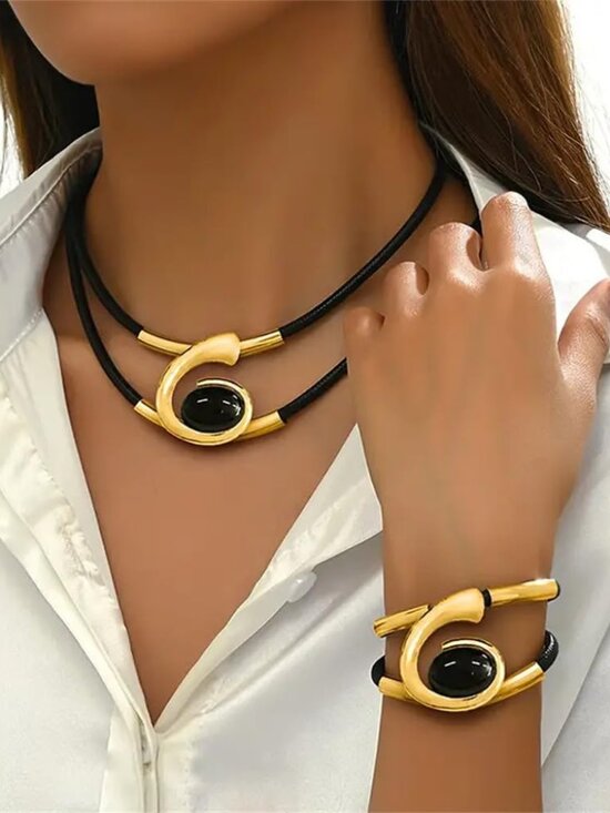 Gold Jewelry Set, Bohemian Double-Layer Black Rope With Oval Black Acrylic Penda - Picture 5 of 7